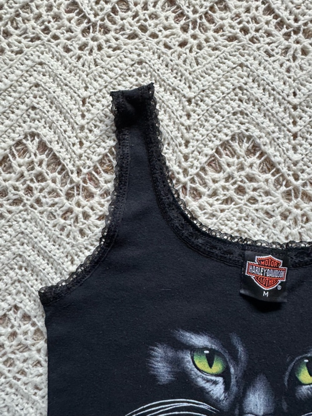 Vintage 1991 Harley Davidson "Cat Eyes" Tank Top 3D Emblem Size M Lace Trim - Picture 5 of 10